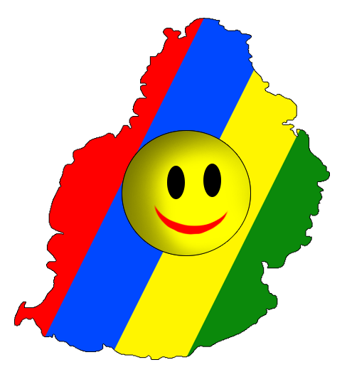 Logo smiley sur carte de l'île Maurice aux couleurs du drapeau
